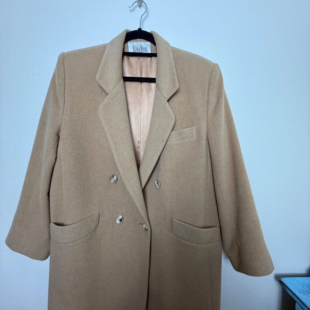 VTG Neiman Marcus Double-Breasted Camel Hair Coat With Satin Lining Sz L - Picture 2 of 9